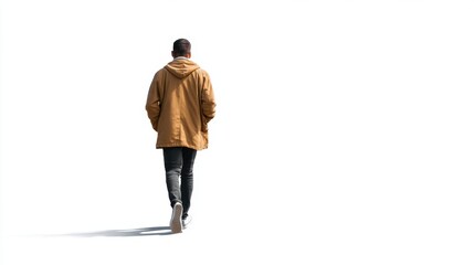Naklejka premium A man is walking away in a city area filled with bright light. He wears a light coat and jeans. The background is mostly white creating a focus on his movement.