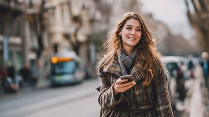 Fototapeta premium A young woman walks down a city street smiling while looking at her smartphone. She appears happy and engaged with a city bus visible in the background and other people around.