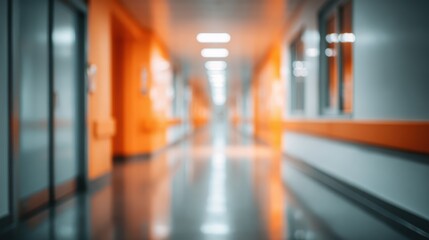 Modern hospital corridor with soft blur and orange walls, long perspective and bright white fixtures conveying clinical interior, sterile design and a journey through care