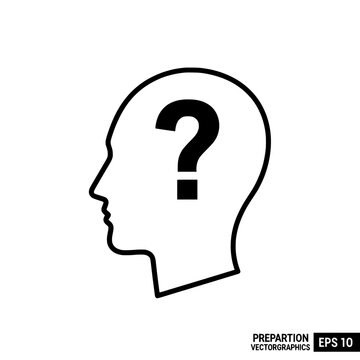 Question mark in head outline vector icon for thinking concept