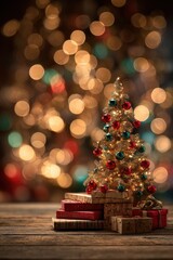 Cozy Christmas Tree With Mini Gifts On Wooden Floor Amid Warm Bokeh Lights, Festive Ornaments, And Soft Holiday Glow