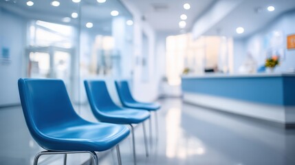 Blue chairs lining an empty medical clinic waiting room, symbolizing patient care environments, wellness, healthcare services, and professional hospital lobby space