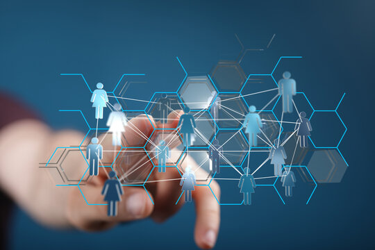 Hand pressing social network icons on a digital screen, representing connections and communication in a global - Powered by Adobe