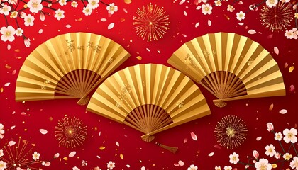 Golden fans and cherry blossoms celebrate Chinese New Year with vibrant fireworks
