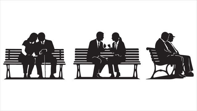 People silhouettes sitting on park benches over white background vector