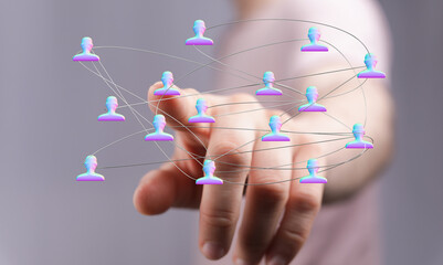 Abstract network of people connected through the hand, symbolizing connection, teamwork, global networking and social interactions. Internet of