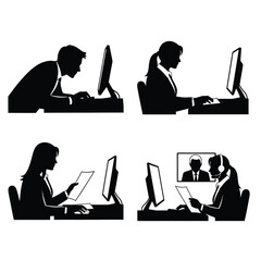 Office workers engaged in various computer tasks and video conferencing in a modern workspace