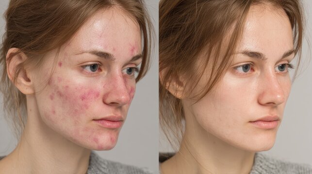 Side by side images of a young Caucasian woman with severe rosacea on her face before and after treatment highlighting pink acne and skin issues