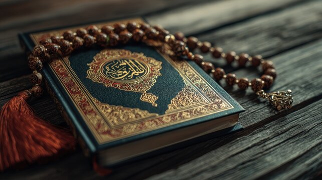 Islamic idea The Sacred Quran featuring Arabic calligraphy meaning of the Quran and prayer beads or tasbih Arabic translation The Sacred Quran Muslim s holy text