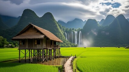 Fototapeta premium Traditional wooden stilt house in lush green rice fields with waterfall and karst mountains backdrop