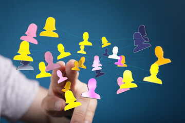 Hand touching network of people icons, representing social connections and business relationship. Great for communication, teamwork and networki