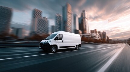 A delivery van moves along a city street lined with tall buildings. The sun sets behind the skyline casting shadows on the road as traffic flows.