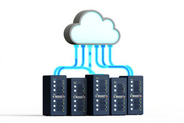 Networked server racks connected via glowing blue lines to a symbolic cloud representing data center and cloud computing infrastructure