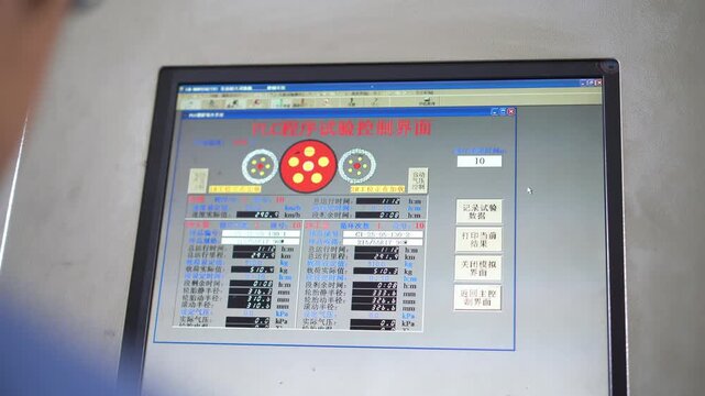 Industrial control screen displaying equipment operational status interface with monitoring parameters and system indicators