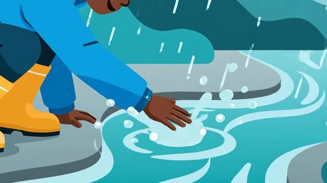 Young Boy Playing With Water In Rain, Cartoon Style, Vector Illustration, Animated Loop