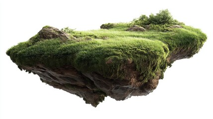 A large piece of land hovers above the ground. The surface is covered in green grass and small plants. The rocks are visible beneath the greenery. There are no people or buildings nearby.