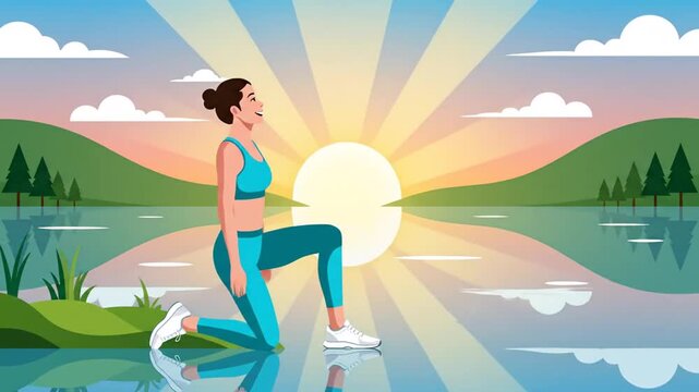 Woman Prepares For Jogging Near Lake Vector Illustration With A Beautiful Sunset Background