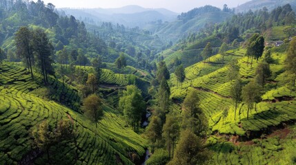 The scene shows green tea plantations covering rolling hills with trees scattered throughout. A small river flows through the valley under a clear sky.