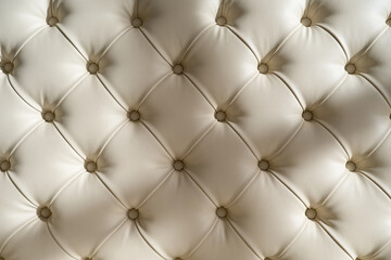Fototapeta premium Luxury tufted leather upholstery texture in soft beige tones. Close-up of a classic button-tufted sofa or headboard with diamond pattern, smooth leather surface, and elegant padding.