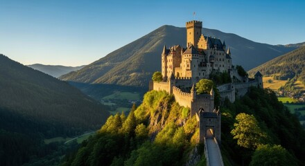 Majestic Medieval Hilltop Castle Perched on a Lush Green Ridge Overlooking a Valley
