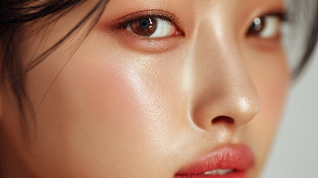 Intimate portrait of a young Asian woman featuring K beauty makeup and flawless skin highlighting skincare for advertising