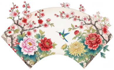 Floral Fan png Hummingbird cutout Blossom Branch png Flower Arrangement cutout Asian Art png Oriental Design cutout Botanical Illustration png Garden