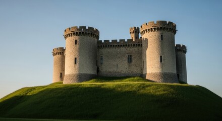 Wide View of a Circular Stone Fortress and High Towers Built Upon a Steep Green Mound