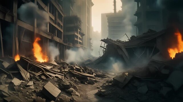 Post-apocalyptic cityscape with burning buildings and debris strewn across a desolate street destruction
