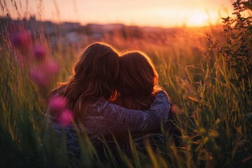 Two girls embracing in a grassy field during sunset
