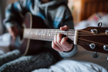 Fototapeta premium White dad jamming on guitar with kids in a bedroom hand gripping the neck