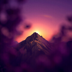 Serene mountain landscape with rugged peak at sunset with colorful sky and blurry foliage in foreground  natural scenery