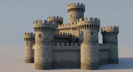 Fortified Stone Palace Structure with Crenellated Towers and Massive Rock Walls