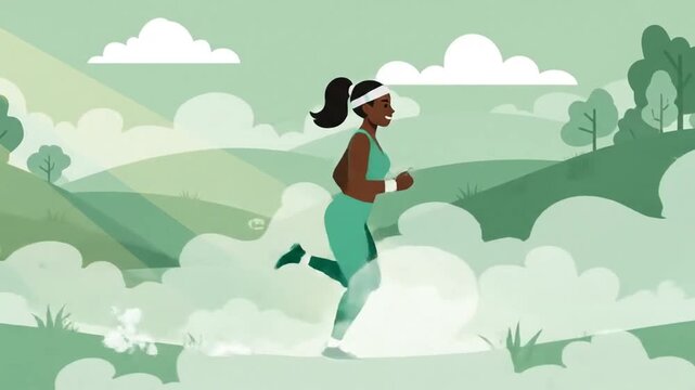 Woman Running in Nature Scenery, Flat Vector Style Animation, Achieving Fitness and Wellness