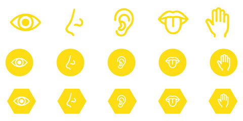 Human senses icon set. Vision eye, smell nose, hearing ear, touch hand, taste mouth with tongue. Simple line icons and black circle. Five senses of human nervous system. Vector illustration.
