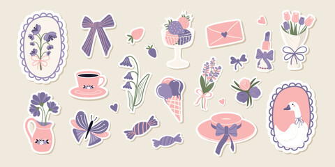 Fashionable vintage flirty set of stickers for sketchbook, notebooks, postcards, invitations, collages. Vector illustration .