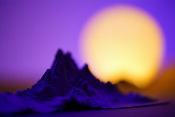 Surreal alien landscape with dramatic rocky mountains under a large glowing celestial body resembling a sun or moon with vibrant purple and yellow hues in a misty atmospheric environment