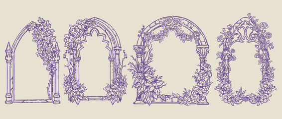 Gothic window frame vector set, hand drawn medieval cloister arch borders with floral vines and flowers, vintage fantasy castle portal design for wedding invitations, stationery and decorative prints © Raxzen
