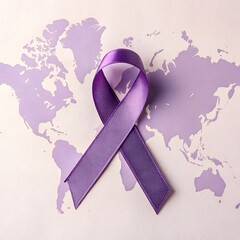Purple cancer awareness ribbon with lavender flowers isolated on white background, 4 February World Cancer Day.