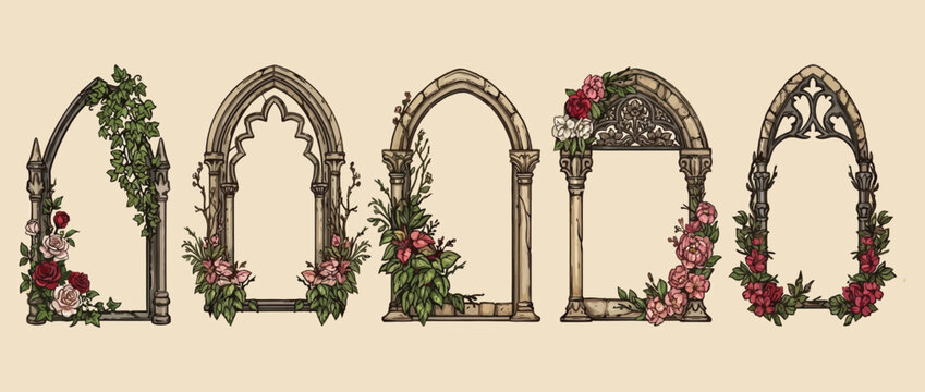 Gothic window frame vector set, hand drawn medieval cloister arch borders with floral vines and flowers, vintage fantasy castle portal design for wedding invitations, stationery and decorative prints