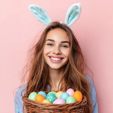 Young smiling woman wearing rabbit ears holding a basket with colorful easter eggs, isolated over pink background.