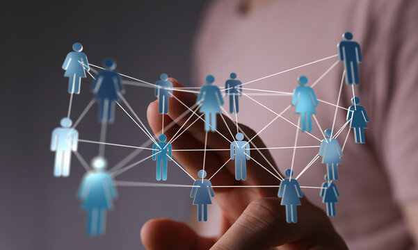 Connecting people and sharing ideas through a network illustration held on a hand. Teamwork and collaboration c - Powered by Adobe