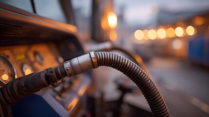 Close up of a flexible corrugated hose connected to industrial gauges inside a truck cab during twilight with blurred bokeh lights in the background