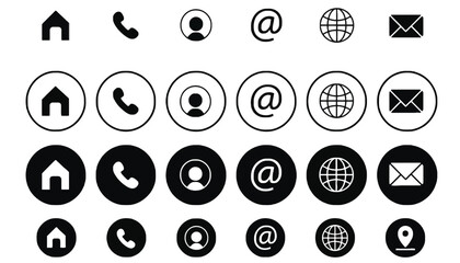 A collection of black and white icons representing communication and navigation on a white background