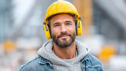 Factory worker, A factory worker wearing ear protection in a loud environment, emphasizing safety and industrial settings.