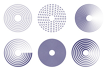 Radar icons, sonar waves, radial concentric signal circles, echo sounder symbols. Vector linear black and white and halftone illustration isolated on a transparent background.
