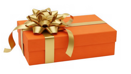 Elegant orange gift box with golden bow isolated on transparent background