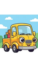 Smiling cartoon truck with colorful boxes.
