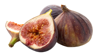 Fresh Ripe Purple Figs Whole and Sliced Half Isolated on White Background