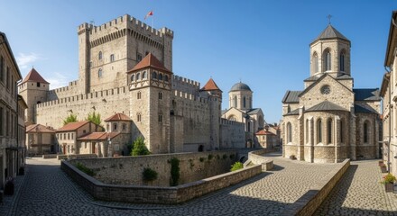 Fototapeta premium Realistic CGI Scene of a Fortified Medieval Square and Ancient Stone Buildings