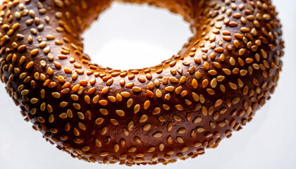Close Up Sesame Seed Bagel Ring with Brown Crust.